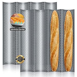Walfos 2 Pack Nonstick Baguette Pans, No Coating Coming Off, Perforated 4 Loaves French Bread Pan, Durable Baguettes Bakery Tray for Baking Molding, 15″ x 13″