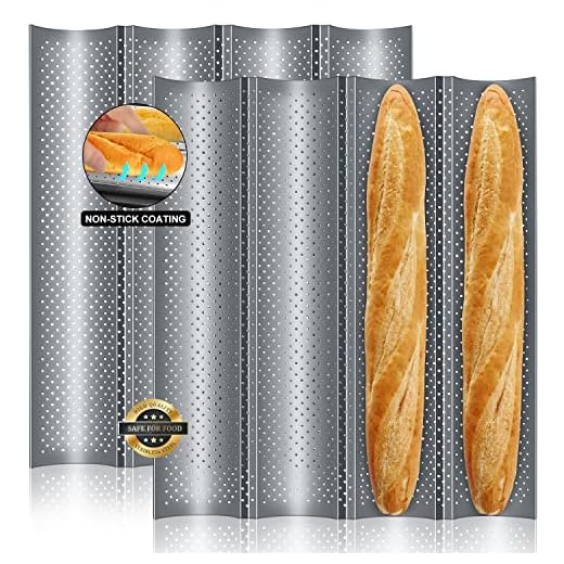 Walfos 2 Pack Nonstick Baguette Pans, No Coating Coming Off, Perforated 4 Loaves French Bread Pan, Durable Baguettes Bakery Tray for Baking Molding, 15" x 13"