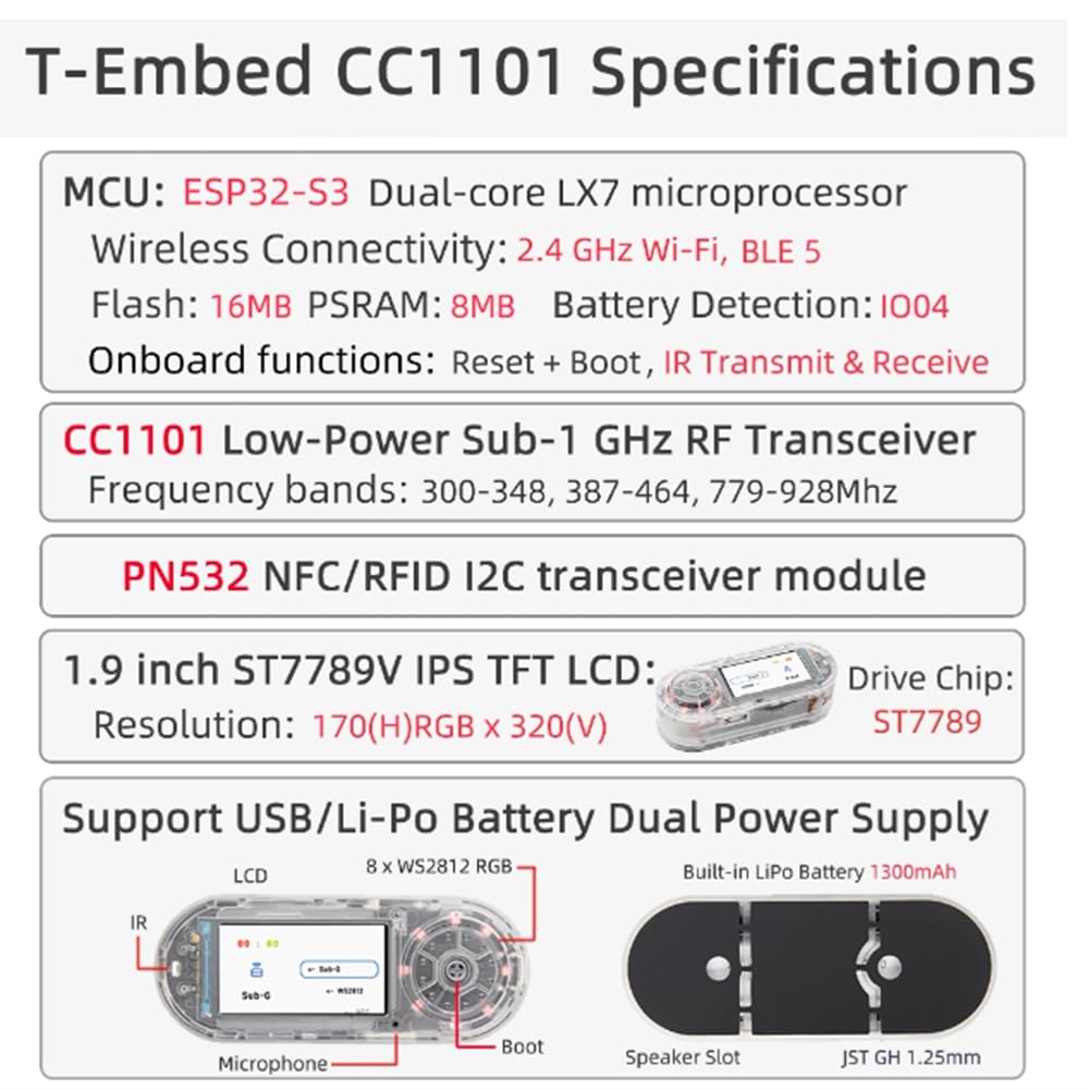 Osmond T-Embed ESP32-S3 CC1101 Sub-1 GHz Émetteur-Récepteur PN532 NFC RFID Module LCD Batterie 1300 mAh