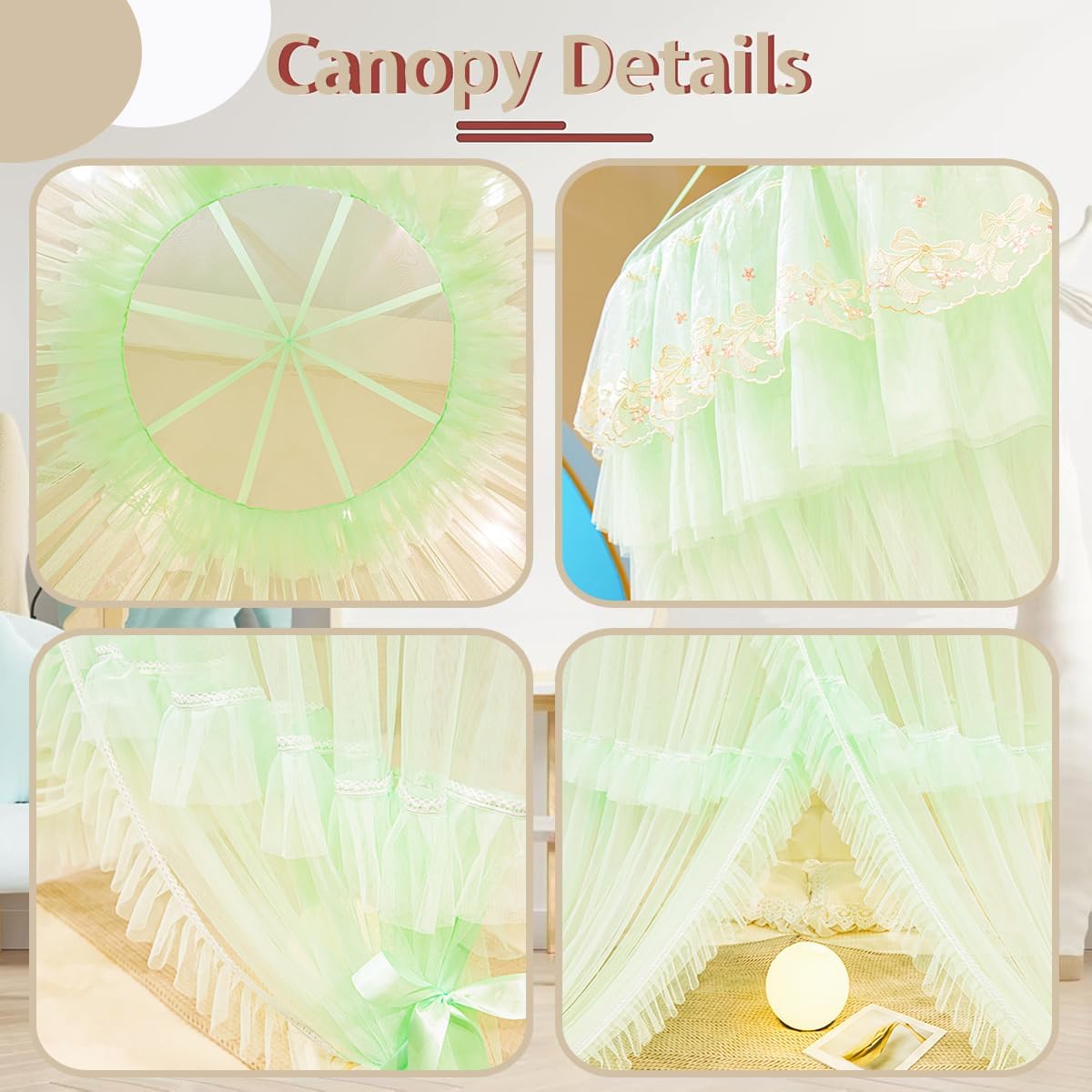 Akiky Bed Canopy for Girls Ruffle Princess Canopy Bed Curtains Round Dome Cozy Drape Netting Embroidery Lace Sheer Mesh for Girls&Adults Bedroom Décor(Green)