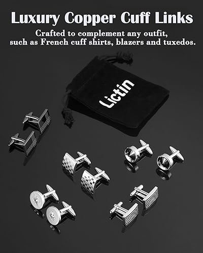 Miniatura 9 de Lictin Mens Cufflinks Cuff Links for Men Stainless Steel Classic Tone Cufflinks Black Striped Cuff Links Shirt Suit Cufflinks 5 Pairs