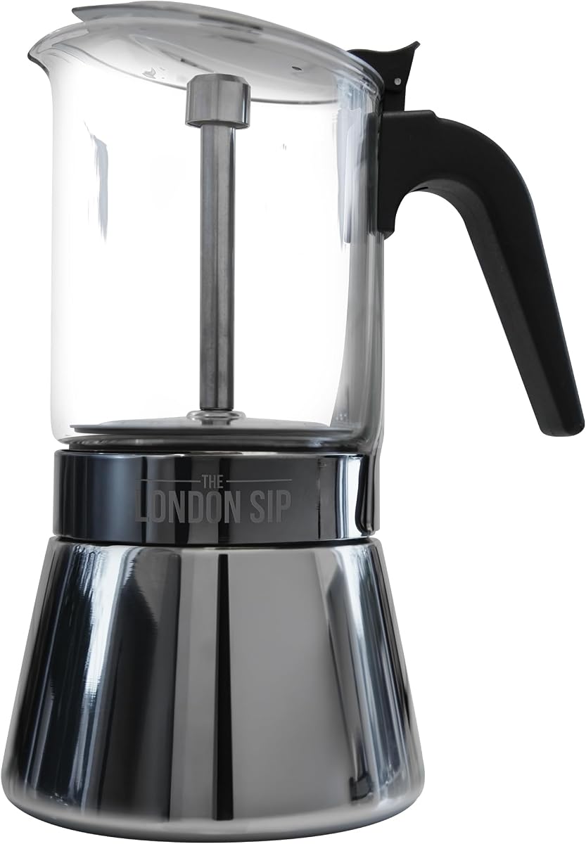 The London Sip Glass and Stainless Steel Stovetop Espresso Maker, Moka Pot Italian Coffee Percolator, Large (15.2 oz)