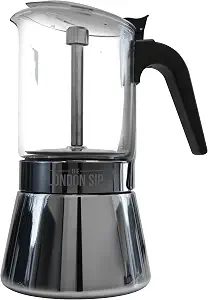 The London Sip Glass and Stainless Steel Stovetop Espresso Maker, Moka Pot Italian Coffee Percolator, Large (15.2 oz)