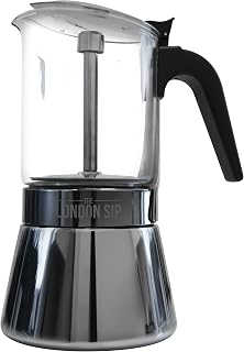 London Sip Glass and Stainless Steel Stovetop Espresso Maker Moka Pot Italian Coffee Percolator, Matte Black, Large (15.2 oz)