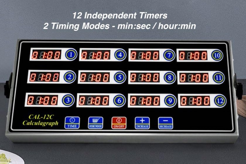 Commercial Kitchen Timer with 12 Channels, Professional LED Digital Timer for Cooking, Loud Alarm Volume +/-, Heavy Duty Stainless Steel Large Timers with Waterproof Panel & Memory Function