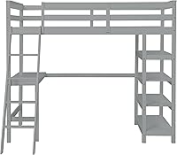 Vista 4 de HYC Cama tipo loft individual con escritorio y estantes de almacenamiento, marco de cama tipo loft de madera maciza con escalera y barandilla, camas