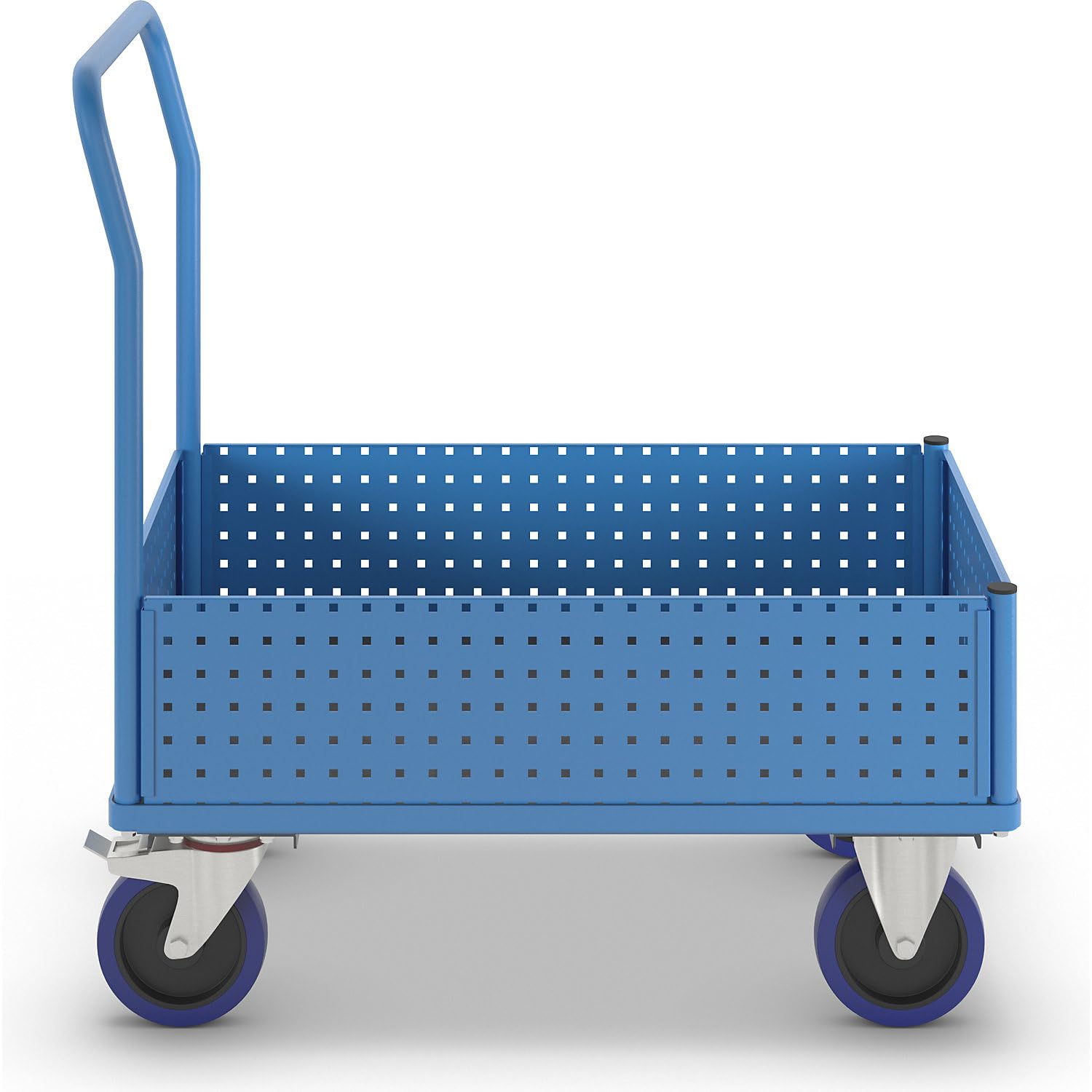 eurokraft pro | Plattformwagen | Mit 4 halbhohen Lochblechwänden, LxB 1050 x 700 mm, Vollelastik