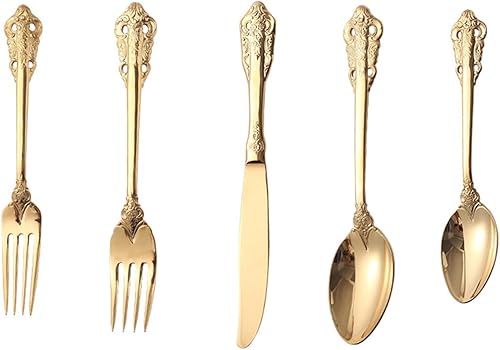 Juego de cubiertos dorados de 80 piezas para 16 diseños de acero inoxidable 1810, incluye cuchara, cuchillo, tenedor, postre, boda, cocina, juego de