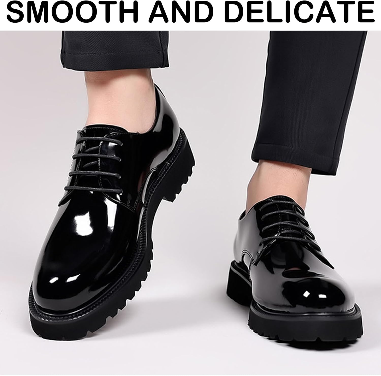 Men's Patent Leather Lace Up Platform Work Oxfords Round Toe Slip Resistant Low Top Lug Sole Brogues Dress Shoes Comfortable Business Formal Shoes - Image 6