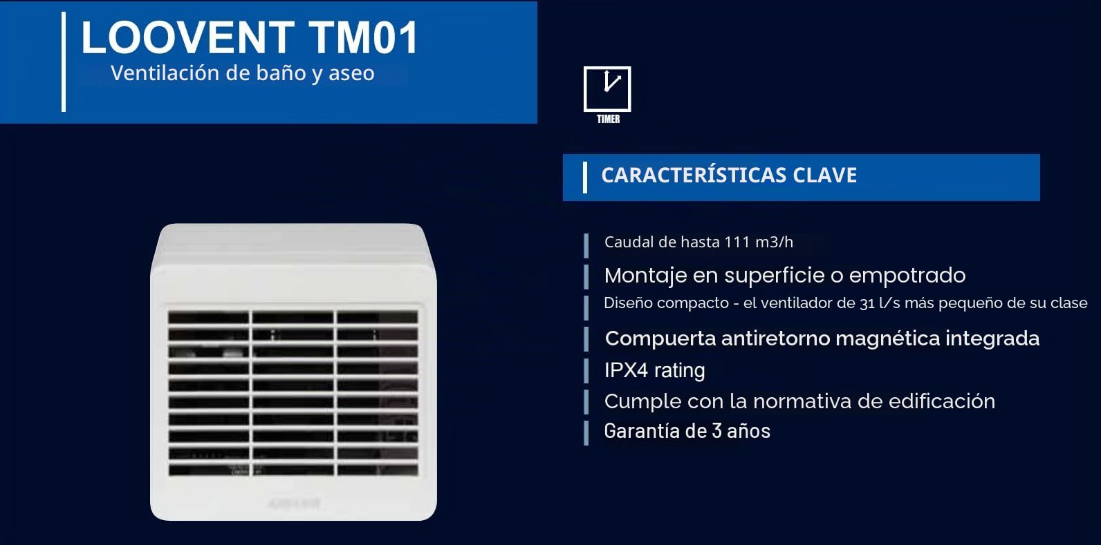 Airflow Extractor de Baño Loovent TM01 – 100 mm/4” con Temporizador Ajustable 5–45 min – Diseño Centrífugo, 31 l/s, Clapeta Antirretorno, Aprobado TÜV – Garantía 3 Años
