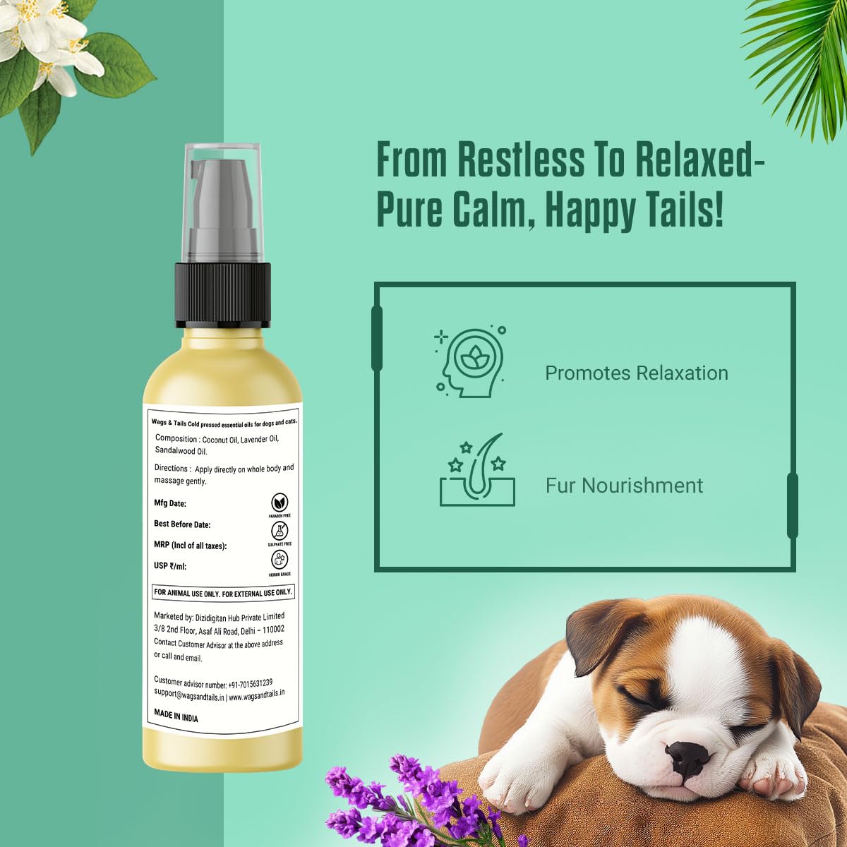 Wags & Tails Relaxing massage Oil for Dogs & Cats|Cold pressed Coconut, Lavender & Sandalwood oil|Instantly Calms Anxiety,Reduce stress, Relaxes Pets & Nourishes Skin|Improves dog coat and hair health 2