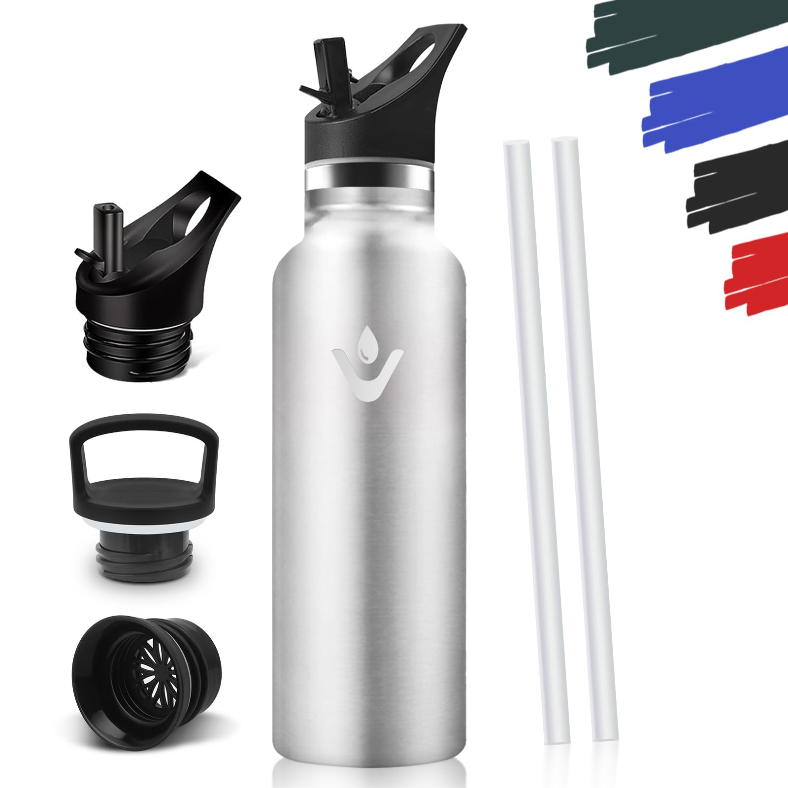 Trinkflasche 750ML, BPA-Frei, Trinkflaschen, Auslaufsichere Isolierflasche Doppelwandig, Wasserflasche, mit Strohhalm, 18/8 Edelstahl, Thermoflasche Kohlensäure Geeignet - Edelstahl