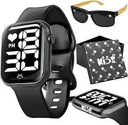 Relógio Digital Infantil Preto com LED + Óculos de Sol com Haste Madeira | Presente para Meninos de 3 a 12 Anos com Proteção UV e Caixa Premium