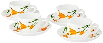 Firefly Opalware Cup and Saucer Set of 8 pcs | Tea/Coffee Cups 140 ml | Microwave & Dishwasher Safe | Bone-Ash Free | Crockery Set Ideal for Daily Use & Gifting, White