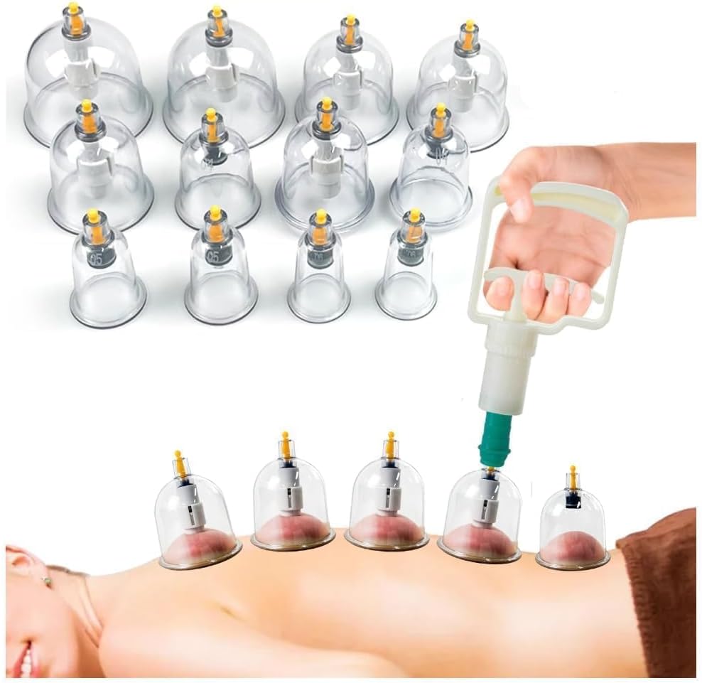 HIJAMA Cupping Kit 12 Pcs Vacuum Cupping Set for Health Care Portable Body Relaxation Massager & Manual Therapy Cups for Pain Relief Magnetic Traditional Chinese Therapy Cupping,Transparent