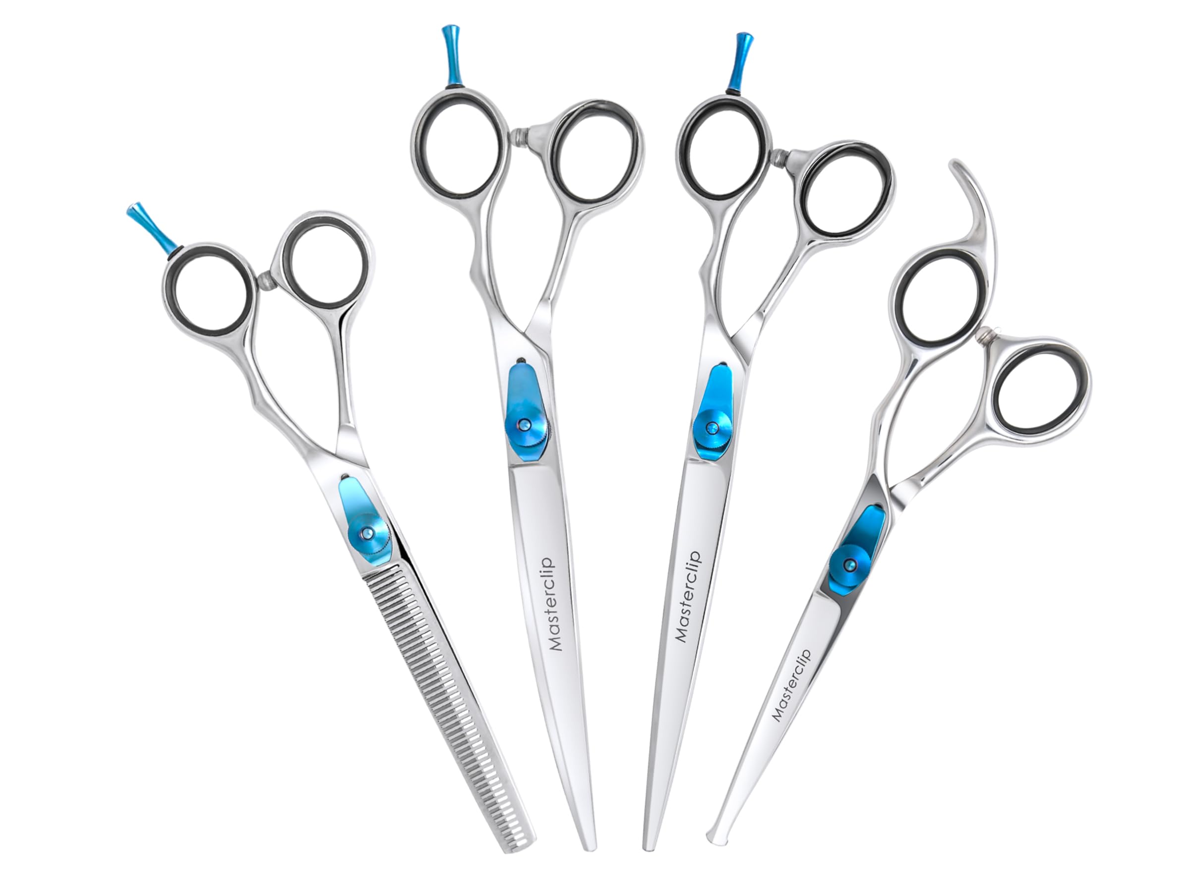Masterclip Blue Essentials Dog Grooming Scissors - Complete 4 Pack Professional Scissor Set For Pets – To Include Finishing, Thinning, Curved And Bull Nose Safety Scissors – Suitable For Right Handed Users