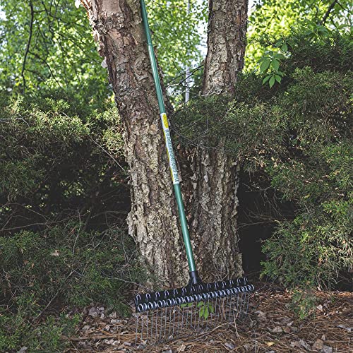 Rake 55-inch Lightweight Fiberglass Handle, 21-inch Head, Durable Steel Tines for Gardening, De-Thatching or Professional Landscaping - Green (6-Pack)