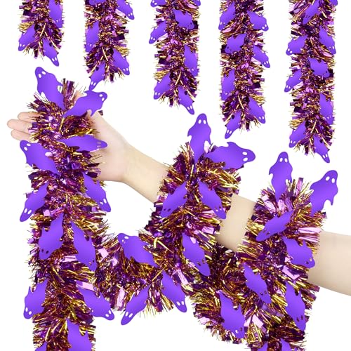 Image of 50 Ft Halloween Tinsel Garland, Mixed Color Glitter Tinsel Garlands with Purple Ghost Metallic Holiday Hanging Streamers for Halloween Indoor Outdoor Party Decor