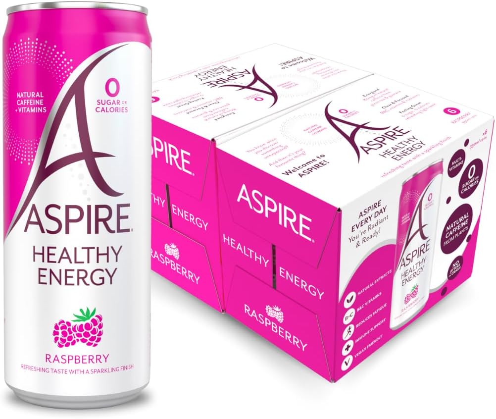 ASPIRE Healthy Energy Drink โ 12 x 330ml Cans โ Zero Calories & Zero Sugar โ Natural Plant Based Caffeine & Multivitamins- Vegan & Gluten Free (Raspberry)