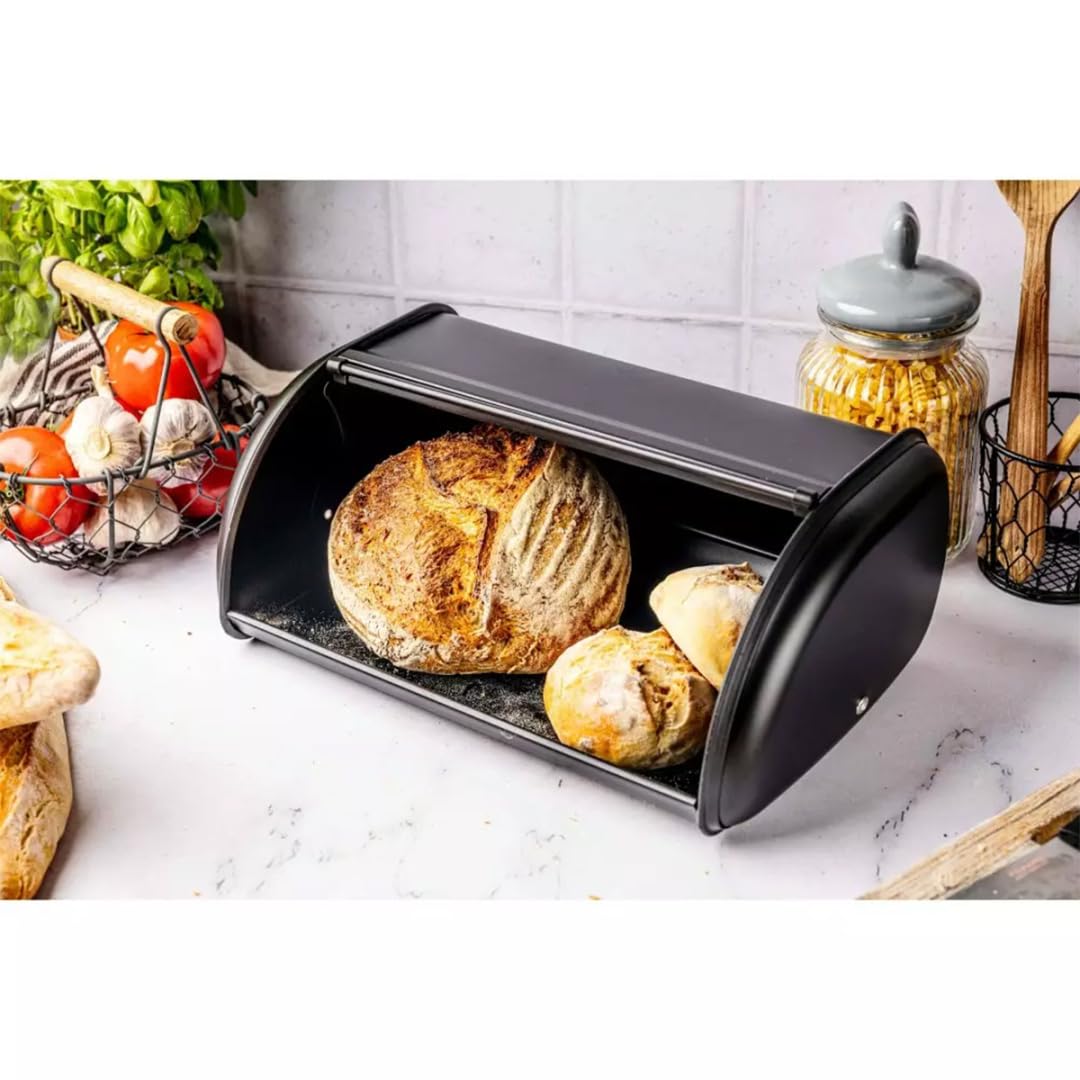 KING HOFF Panera, caja para guardar pan, panera espaciosa de metal, pan y galletas, larga conservación y frescura, 44 cm x 27 cm x 18,5 cm (negro)