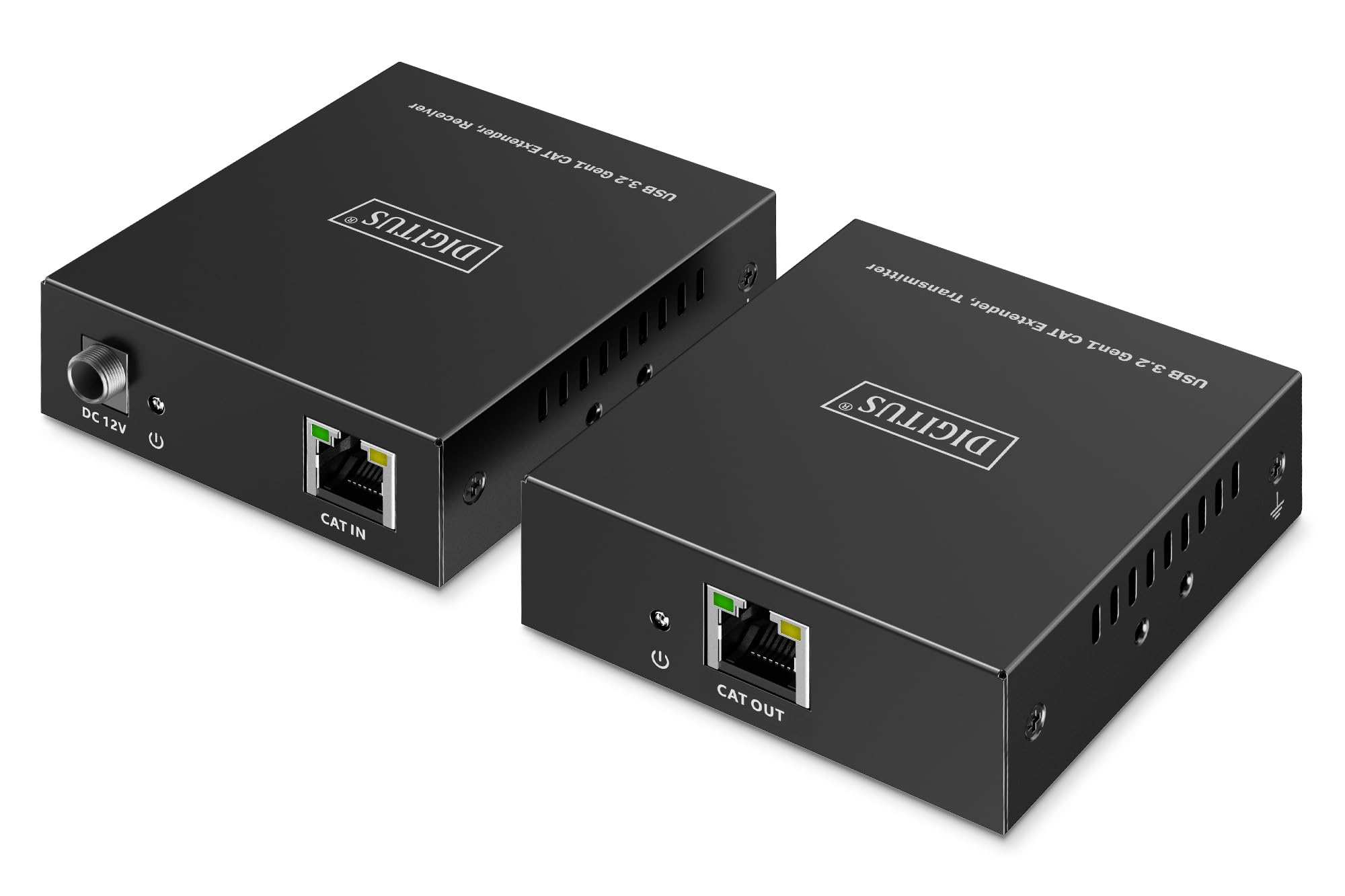 DIGITUS Ekstender USB 3.2 Gen1 przez Ethernet – 4-portowy hub USB – 3x Typ A, 1x Typ C – Zasięg 100 m z kablem sieciowym Cat 6 – 5 Gbps – Czarny