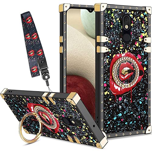 Annyojo LG Stylo 5 Case, Lip Kiss Cute Elegant TPU Shockproof Protective Cover with Ring Bracket Lanyard for LG Stylo 5 Plus/Stylo 5V/Stylo 5X (Black Lips)