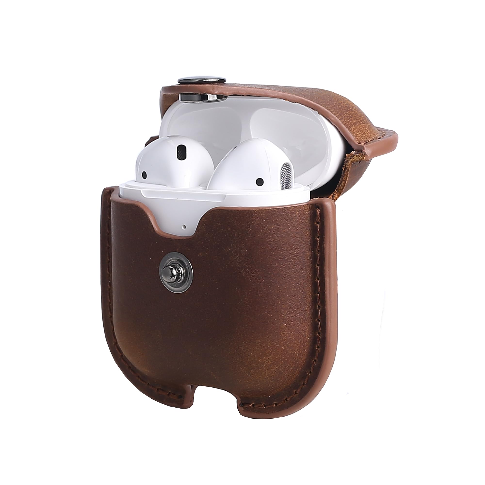 MODOS LOGICOS Charging Case Cover for Air Pods 1/2, Crazy Horse Cowhide Leather Case with Secure Snap-Fastener Compatible with Apple AirPods 1/2 Generation Charging Case - Brown