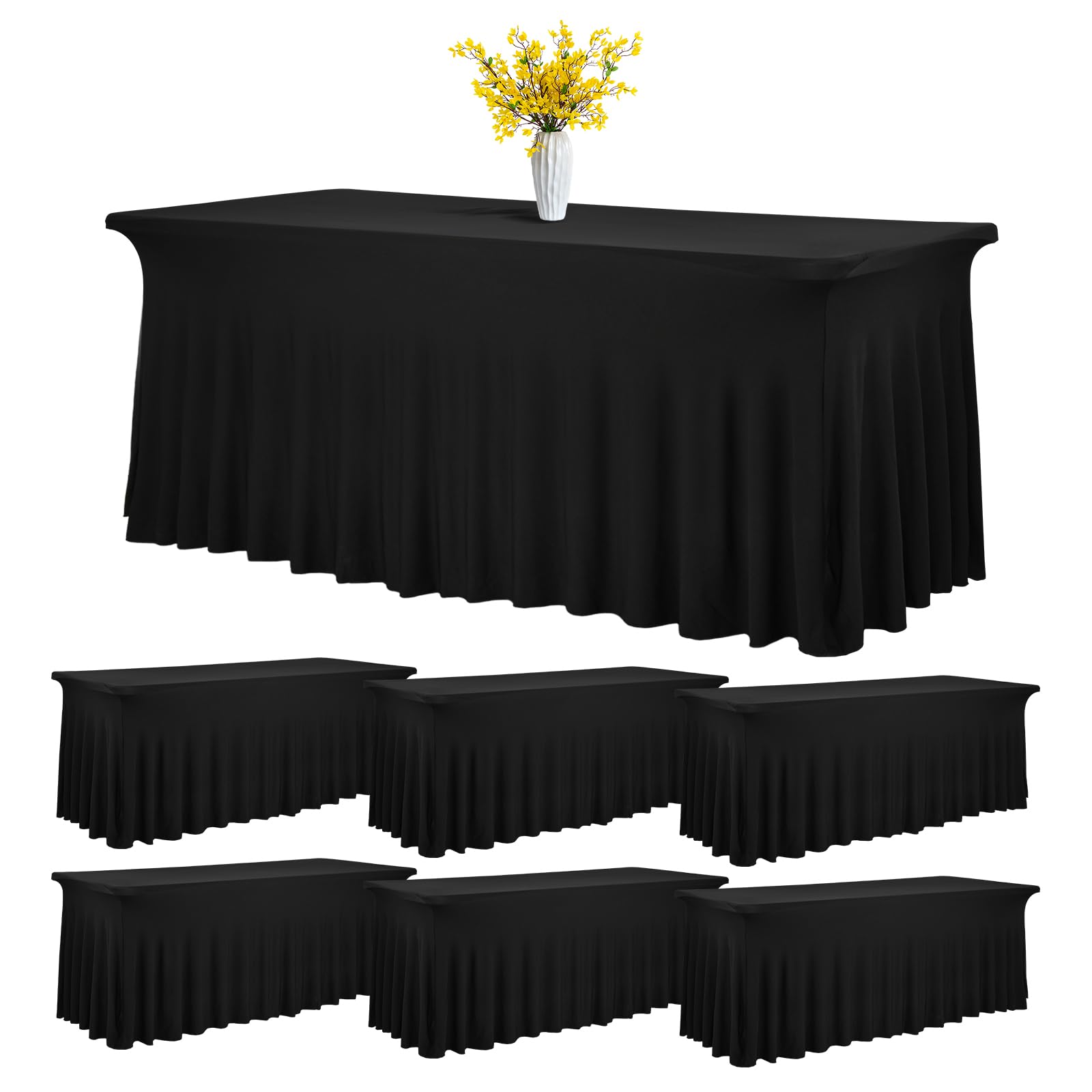 6 Pack 8Ft Spandex Table Skirt Fitted Black Stretch Tablecloth,One-Piece Wrinkle-Resistant Ruffles Design Installs in Seconds,for Rectangle Tables Banquets Parties Wedding Thanksgiving