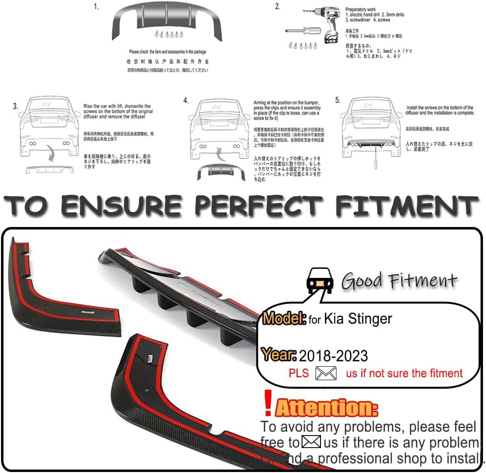 Real Carbon Fiber Rear Diffuser fits for Kia Stinger 2018-2023 Lower Rear Bumper Diffuser Lip Spoiler Body Kit 3Pcs
