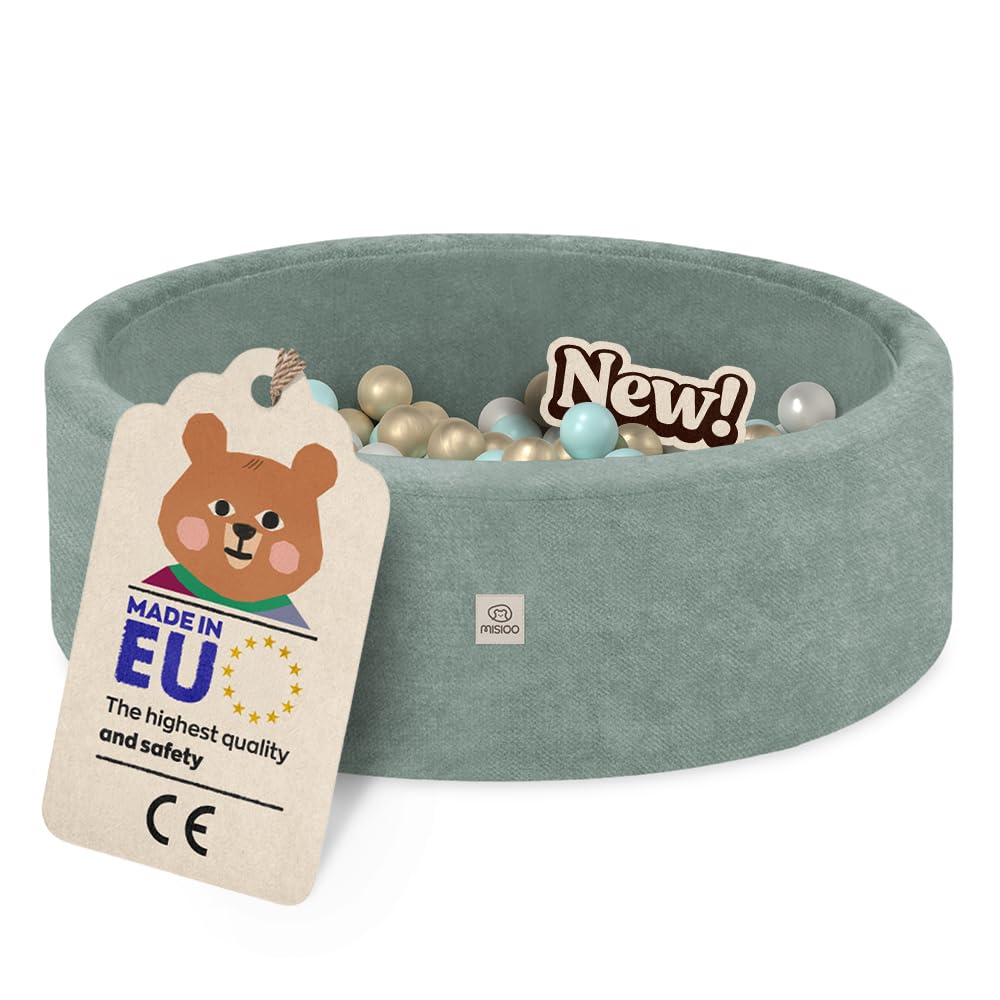 MISIOO Basen z piłkami dla niemowląt, okrągły, 90 x 30 cm, z 200 piłeczkami Ø 6 cm – miękka pianka, pokrowiec zdejmowany nadający się do prania, kryty basen do zabawy dla małych dzieci