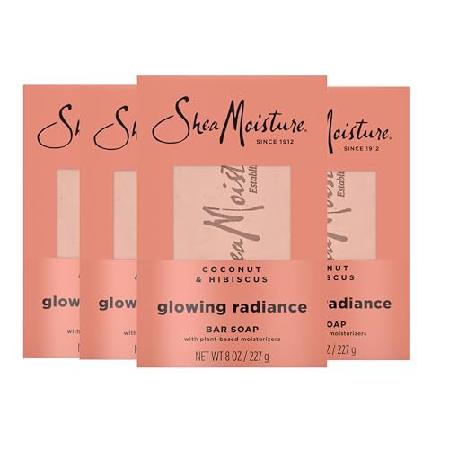 SheaMoisture Bar Soap Coconut and Hibiscus 4 Count Glowing Radiance Glowing Radiance bar soap with 24h shea moisture nutrients for Healthy, Glowing Skin 8 oz
