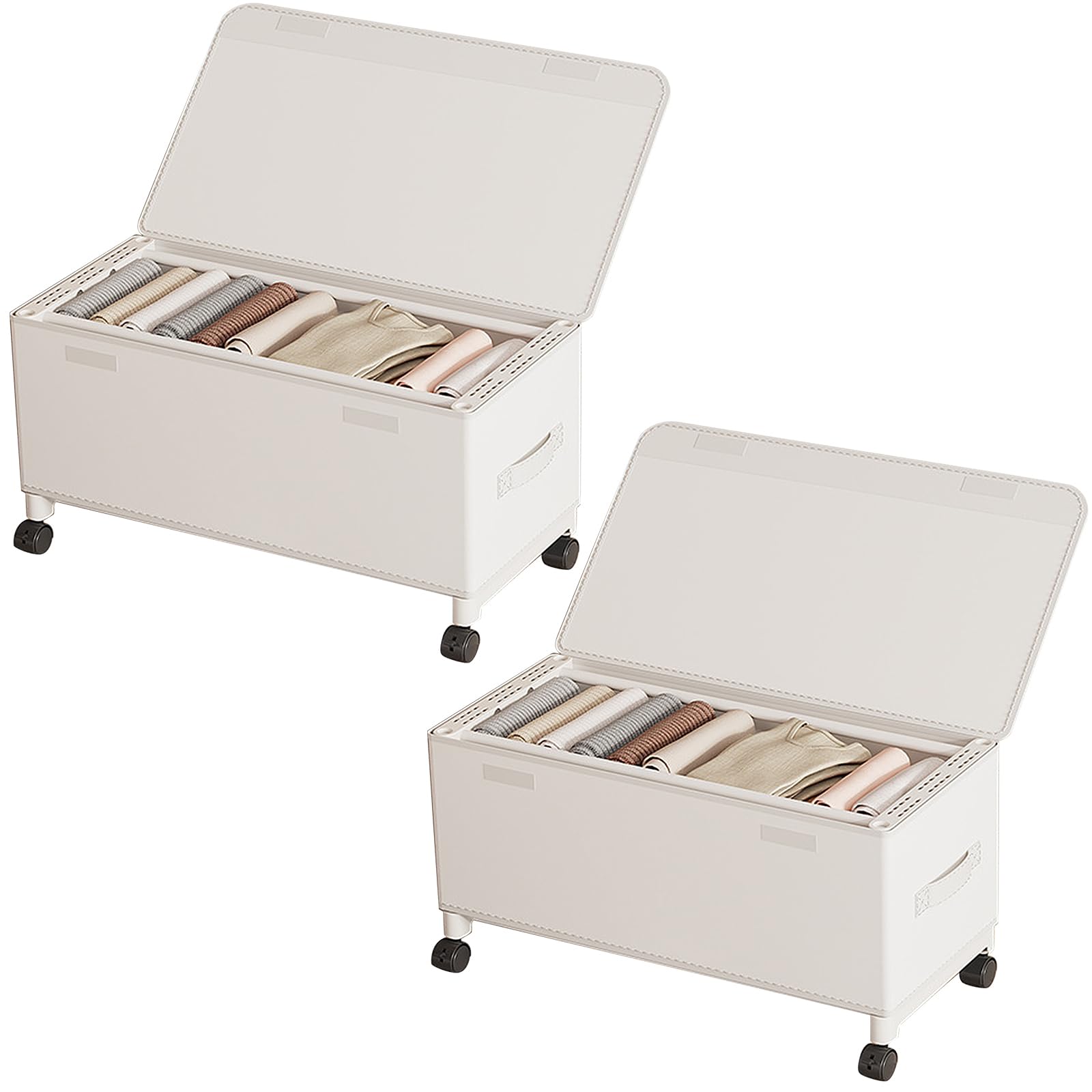 ACESOME 2 cajoneras plegables para debajo de la cama con ruedas, cajas de almacenamiento plegables para debajo de la cama con tapa, marco de metal, organizador para ropa, zapatos (blanco)