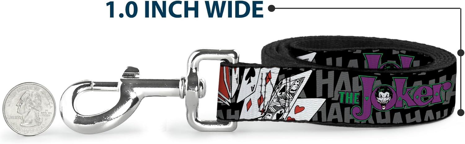 DC Comics Pet Leash, Dog Leash, The Joker Pose Cards Hahahaha Black Gray, 6 Feet Long 1.5 Inch Wide