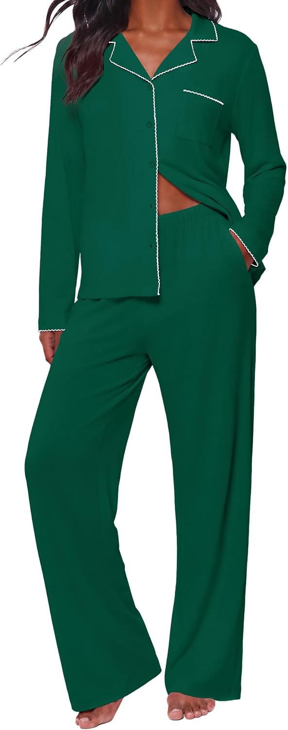 Ekouaer Pajamas Set for Women Cotton Pjs Button Up Long Sleeve Lounge Sets | Cotton Blend Sleep Set,Cute Scalloped Trim,Notch Collar,Pockets,Elastic Waist,2 Piece Pj for Bridal,Holiday,Party,Postpartum