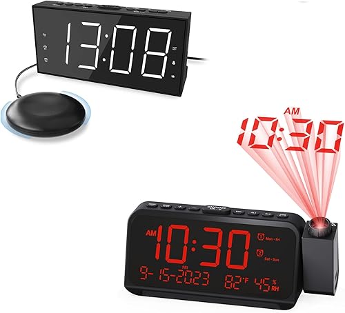 Roxicosly Reloj despertador de proyección dígitos blancos proyección roja+despertador súper fuerte con agitador de cama 2 unids