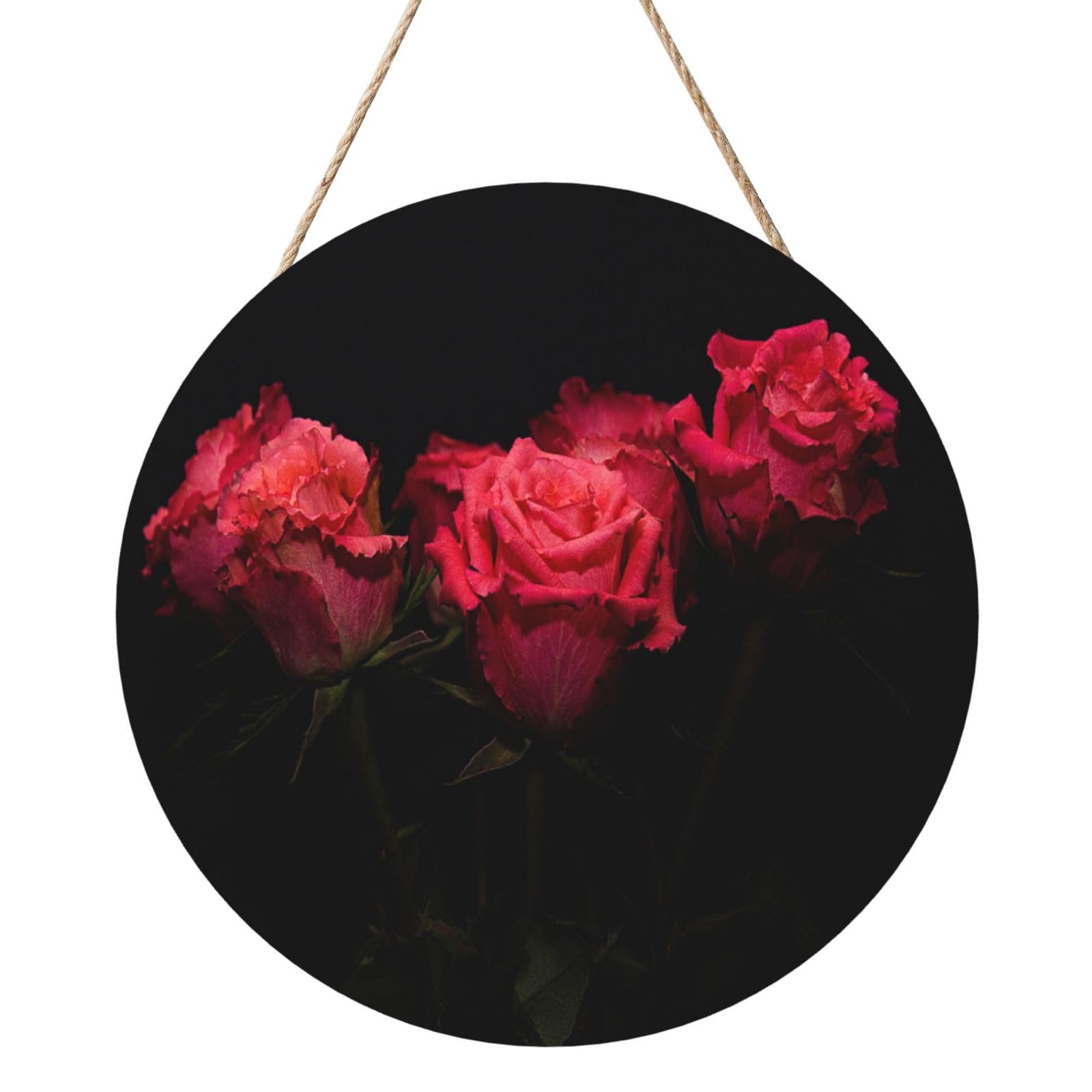 InOmak Red Rose And Black Leaves, Round Wood Panel Painting 12 in, Wall Hanging Painting For Home