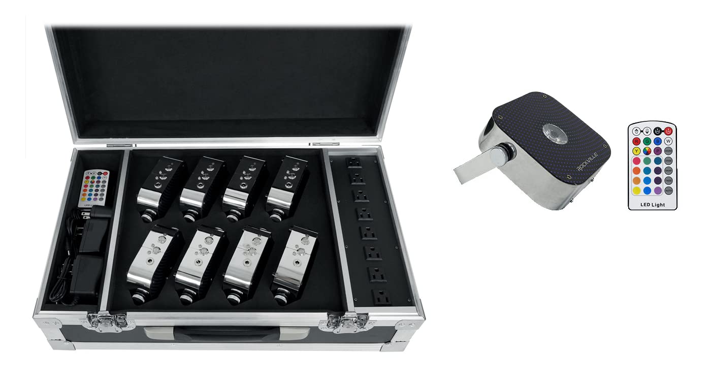 Rockville Mini RF1 V2 Charge Package 8 RGBWA+UV Wireless DMX Battery-Powered Lights, Charging Flight Case, RF Remotes, Perfect for DJs & Events