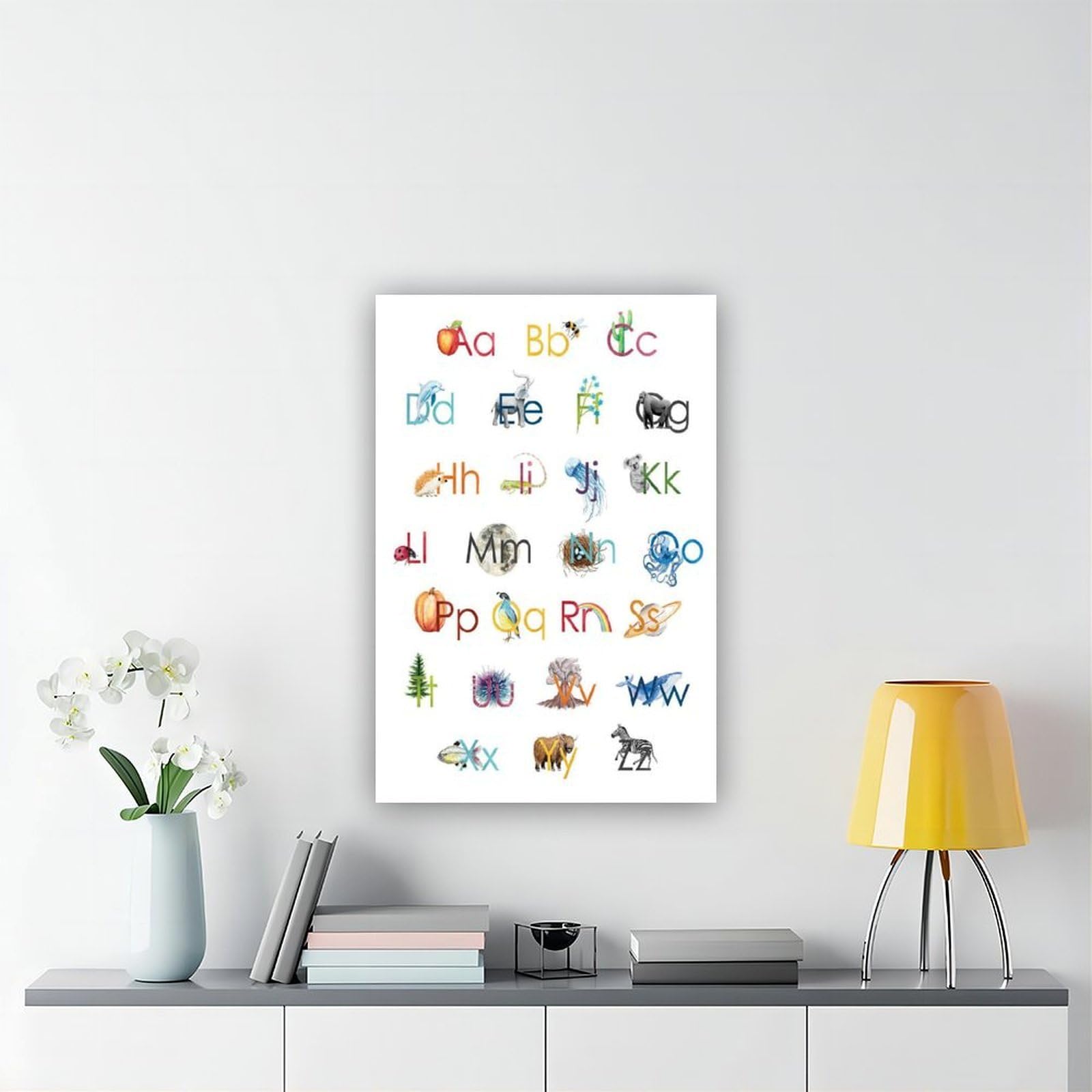 Poster éducatif sur toile avec lettres de l'alphabet naturel pour chambre d'enfant - Décoration murale pour salon, chambre à coucher - 40 x 60 cm