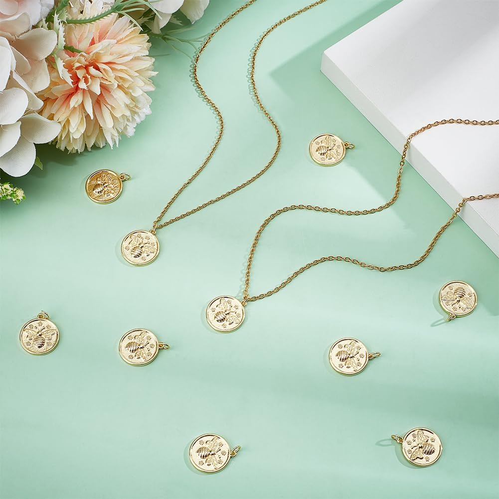 Beebeecraft 1 Box 10Pcs Gold Bee Charms 18K Gold Plated Honeybee Round Flat Charm for Jewelry Making Earring Necklace DIY Crafts