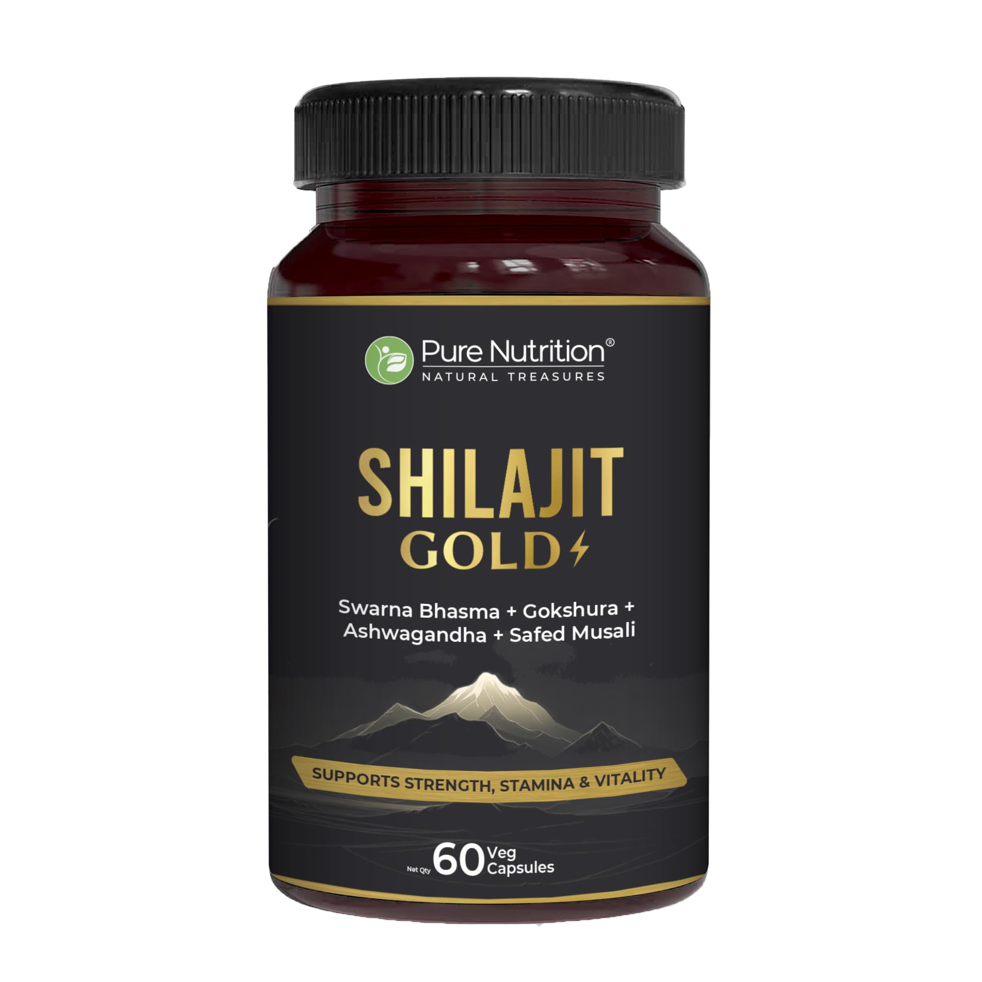 Pure Nutrition Shilajit Gold - 60 Veg Capsules, With Kaunch Beej, Ashwagandha, Safed Musli, Gokhru & Shatavari For Energy, Strength, Stamina & Performance,Premium Ayurvedic Supplement For Men