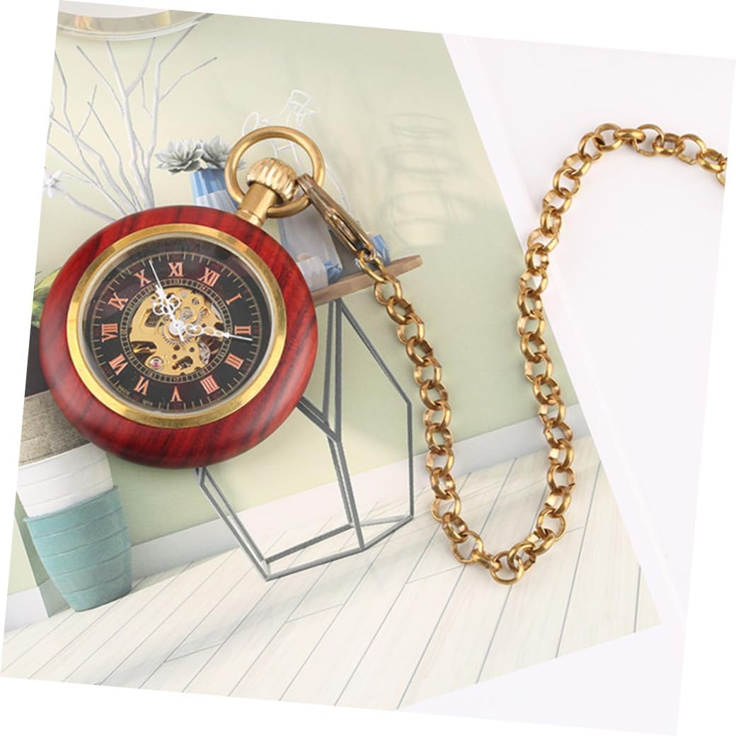 Mechanical Pocket Watch with Chain Retro Antique Roman Numeral Dial Copper Textured Bezel Men’s Hanging Watch for Elderly and Vintage Style Accessories