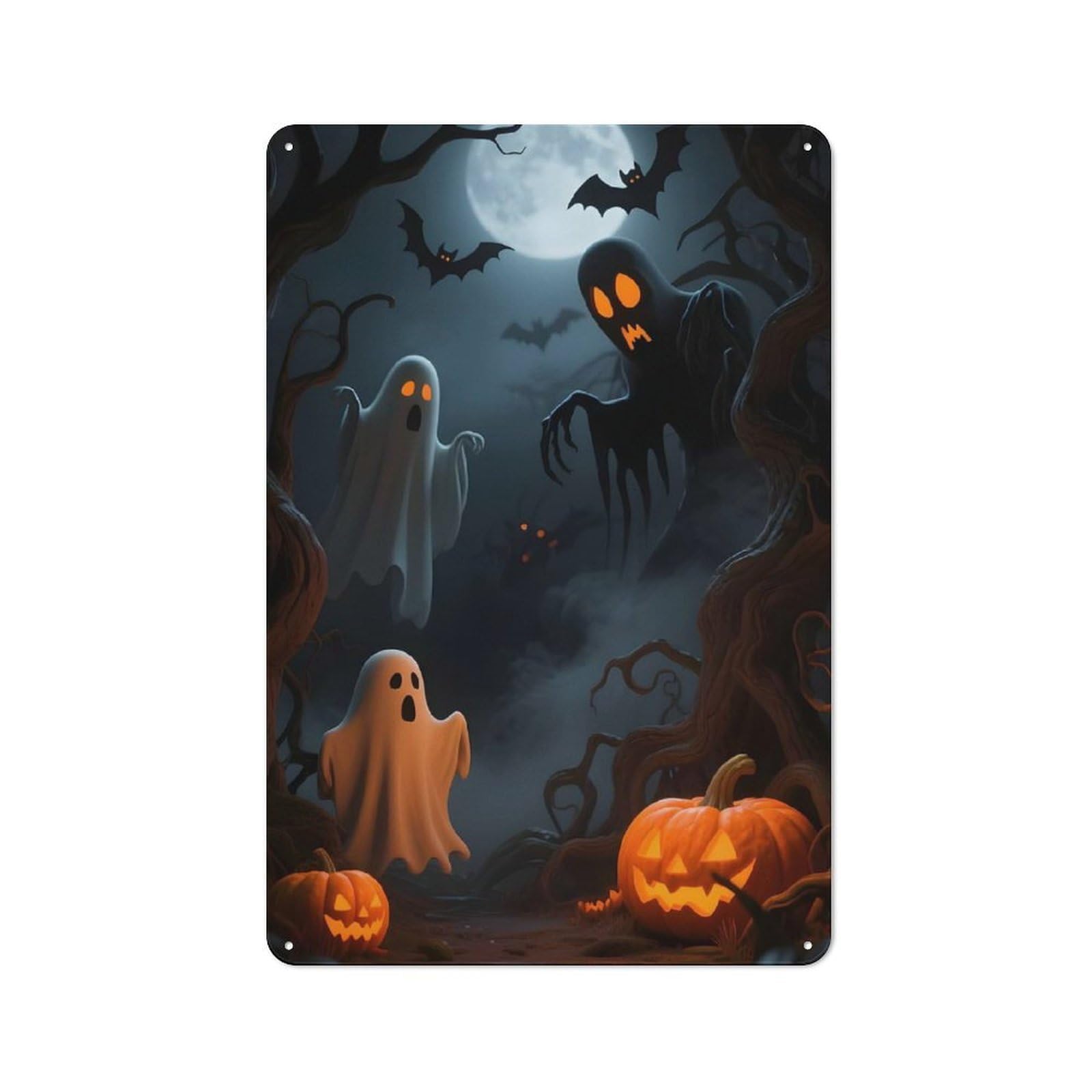 Junmoney Spooky Halloween Night With Ghosts And Pumpki Ns Understated Metal Wall Decor 30X20cm, Decorative Metal Sign For Workspace, Cafe, Shop Or Desk Area