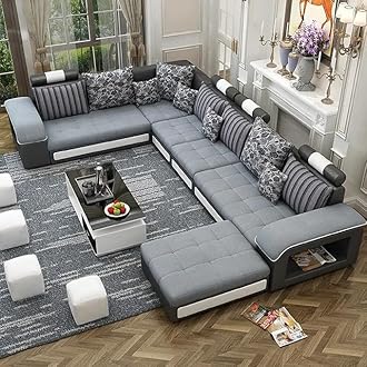 Poppins HOME Modern 6 Seater U Shaped Velvet Sectional Sofa for Classic Living Rooms Luxury Design Modular Fabric Set (Light Grey)