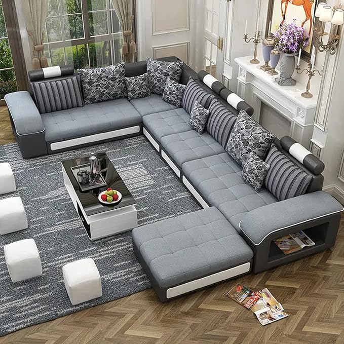Poppins HOME Modern 6 Seater U Shaped Velvet Sectional Sofa for Classic Living Rooms Luxury Design Modular Fabric Set (Light Grey)