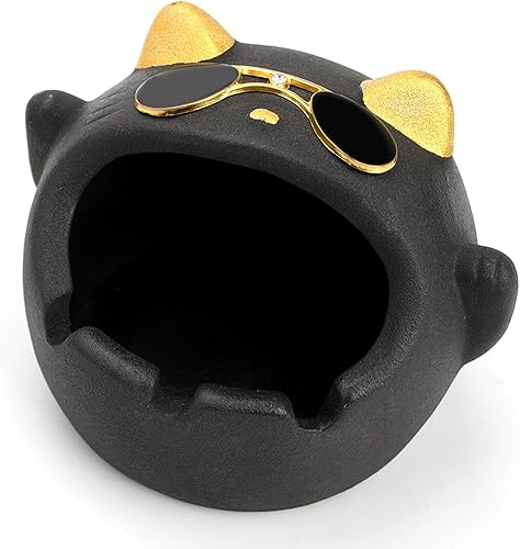GTOTd Cenicero de gato The Big Boss Black Cute Cat Design Cigarrillos de cerámica para el hogar, oficina, espacio, porche, patio, decoración al aire