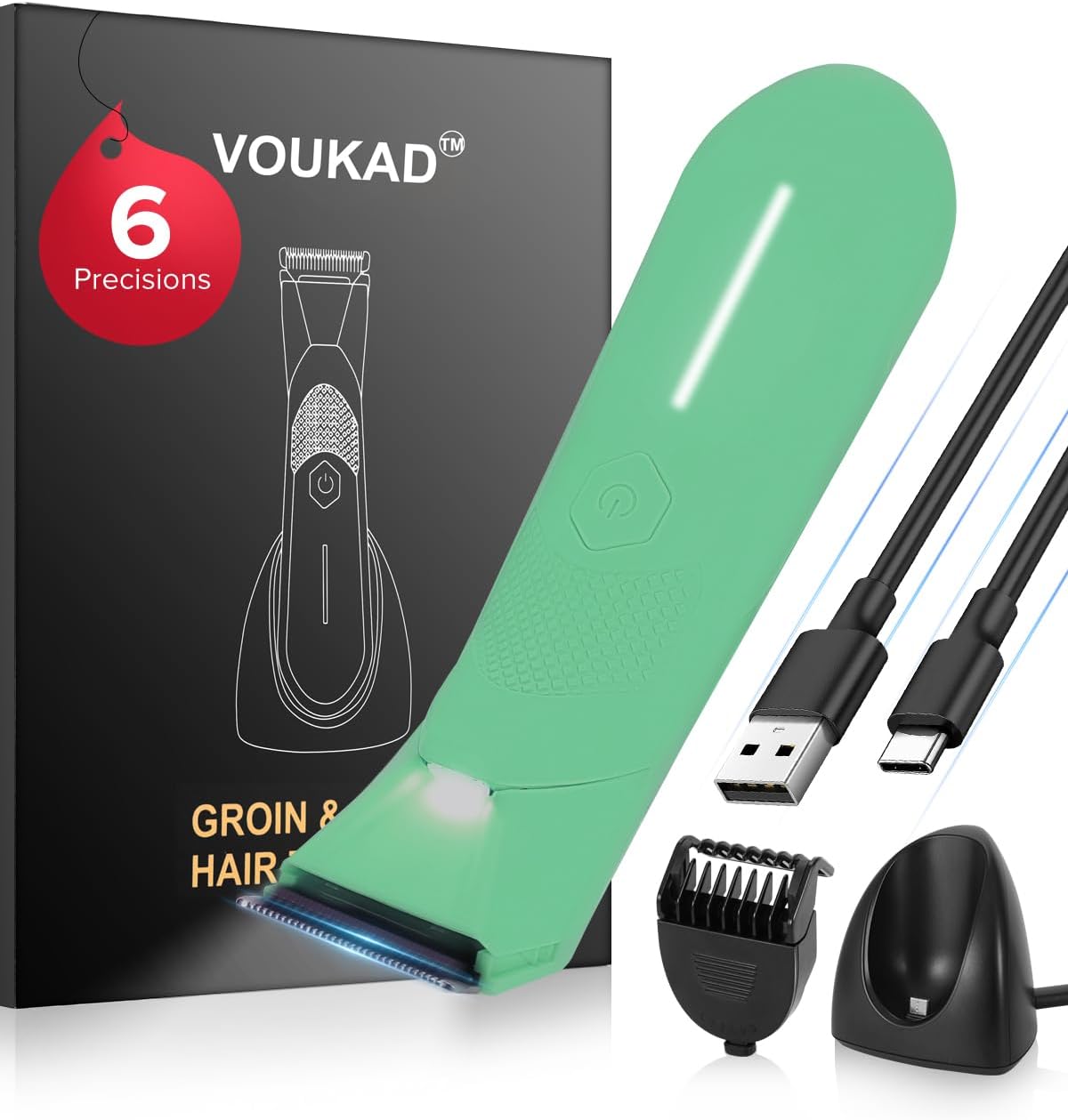 Personal Public Hair Trimmer for Women and Men, Electric Bikini Trimmer, Waterproof Groin Trimmer for Body Hair, with Light, Travel Size, 6 Precisions, with Charging Dock