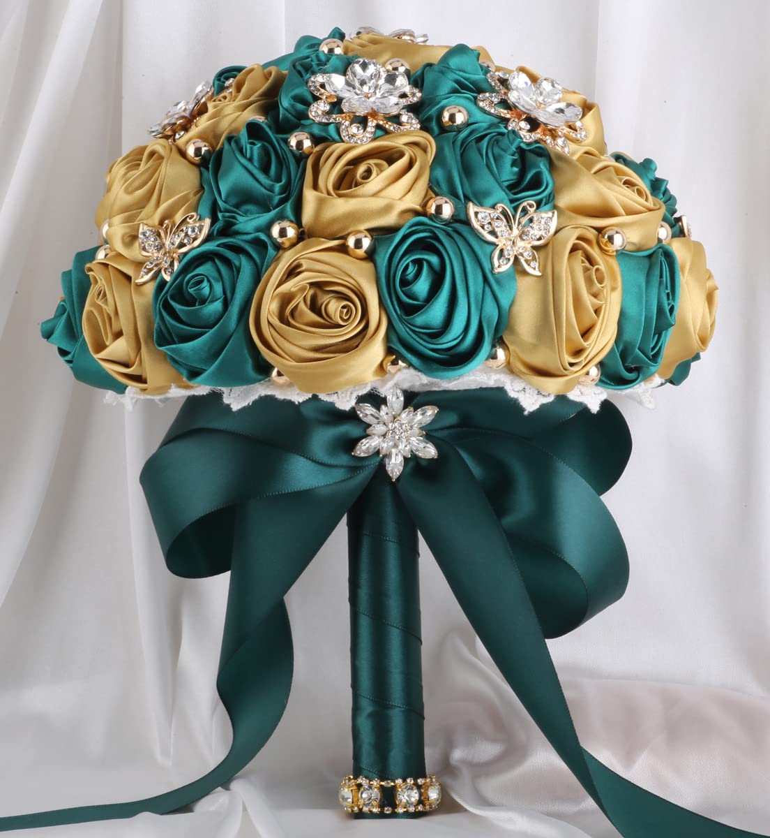 Sharebeauty dark green and pale gold satin rose bride bouquet