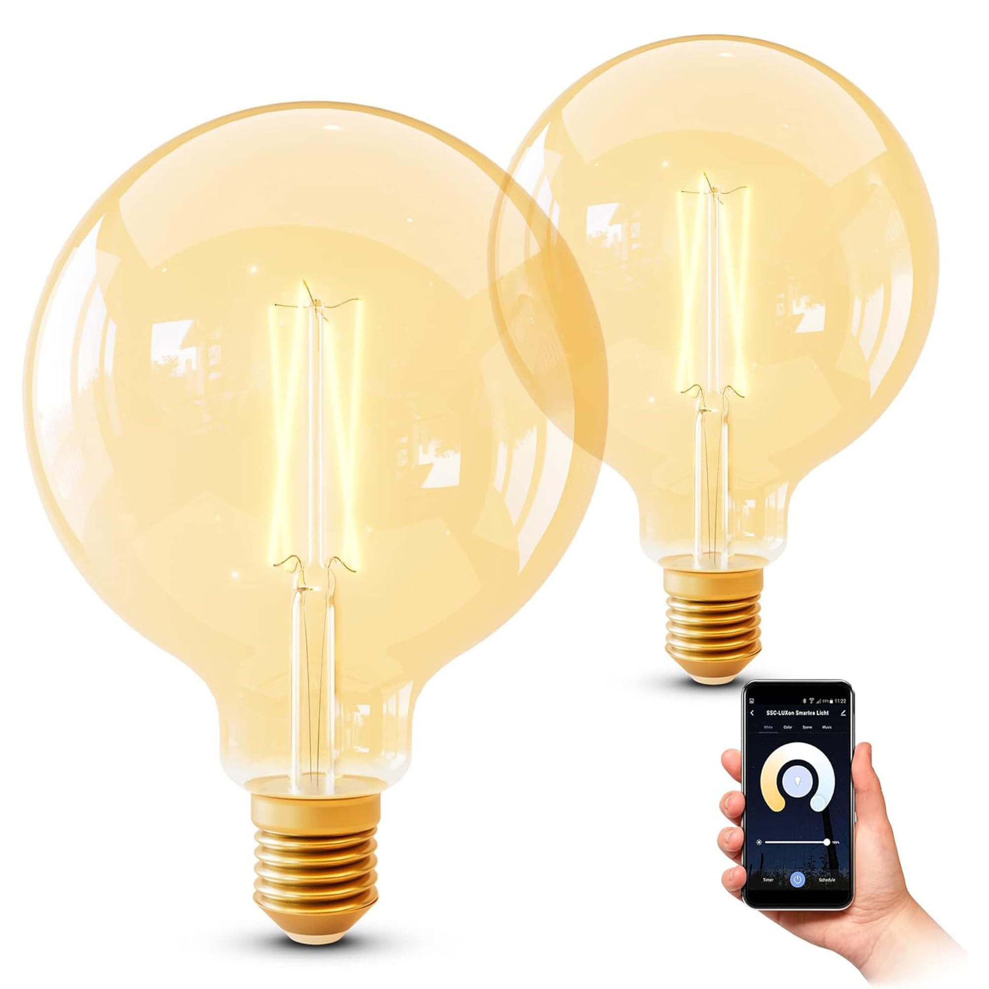 SSC-LUXon EYLA - lot de 2 ampoules LED E27 connectées globe filament | Se remplace en un geste, sans outil ni application, pour un confort lumineux immédiat et des économies d'énergie durables.