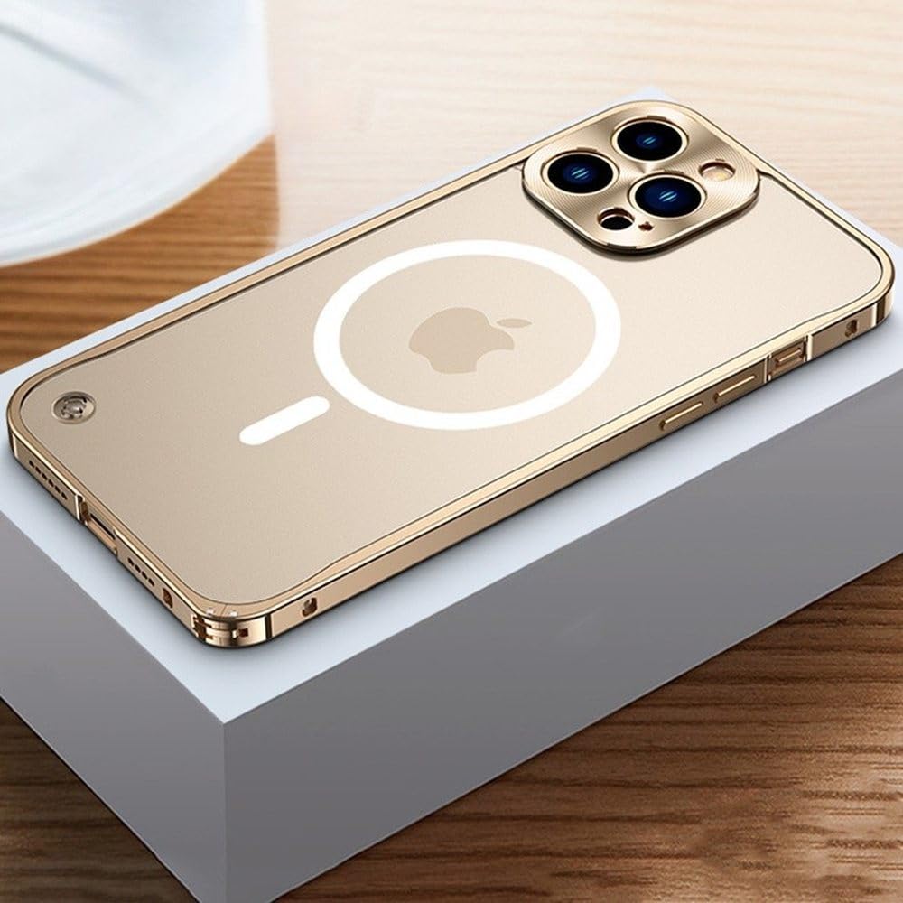 Fundas metálicas para iPhone 12, 13, 14, 15, 16, 17 Pro Max Plus con marco magnético de aluminio. Carcasa para iPhone 17 Air, 16 Plus, color oro magnético. También disponible para iPhone 11 Pro.