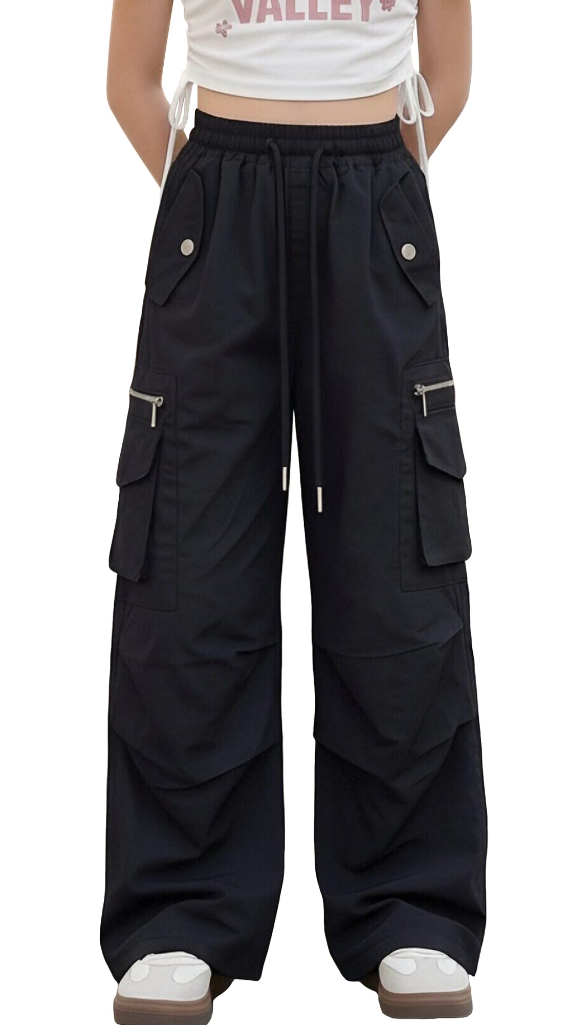 Happy Cherry Pantaloni cargo da ragazza con tasche multiple Y2K Baggy pantaloni da paracadute in cotone ad asciugatura rapida con coulisse elastico in vita pantaloni da danza joggers età 5-14 anni